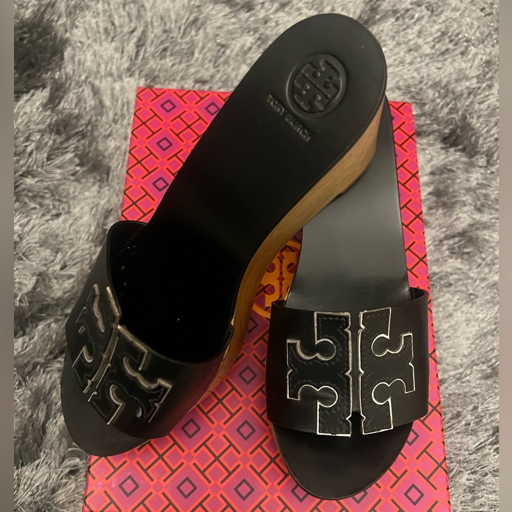 Tory Burch INES 80mm Wedge Slide Perfect Black/Silver #51985 Size 8